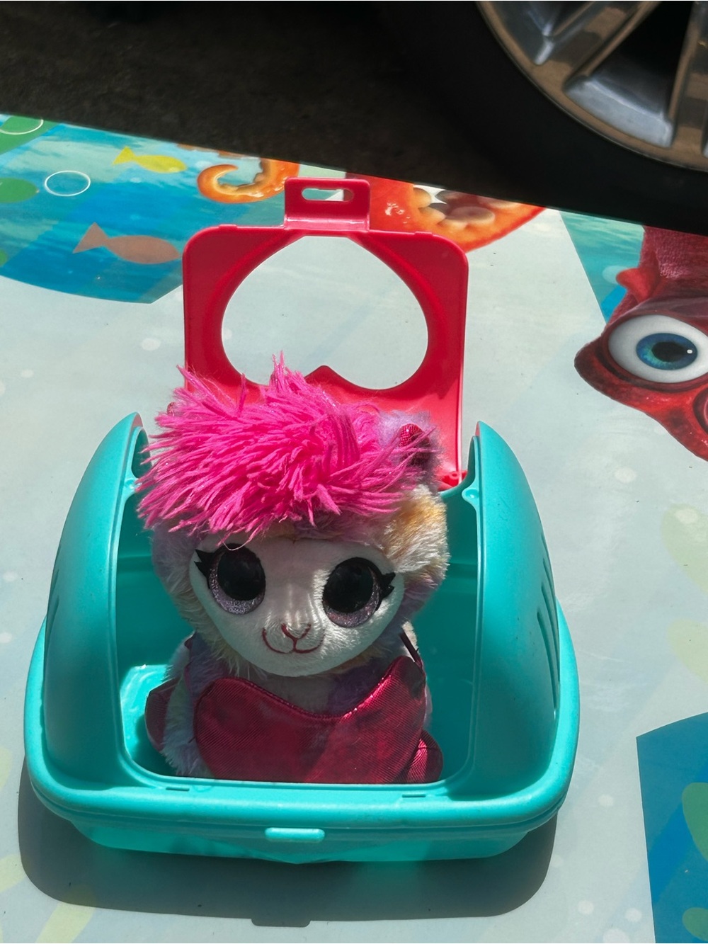 Plush Toy in Teal Travel Case with Pink Accents